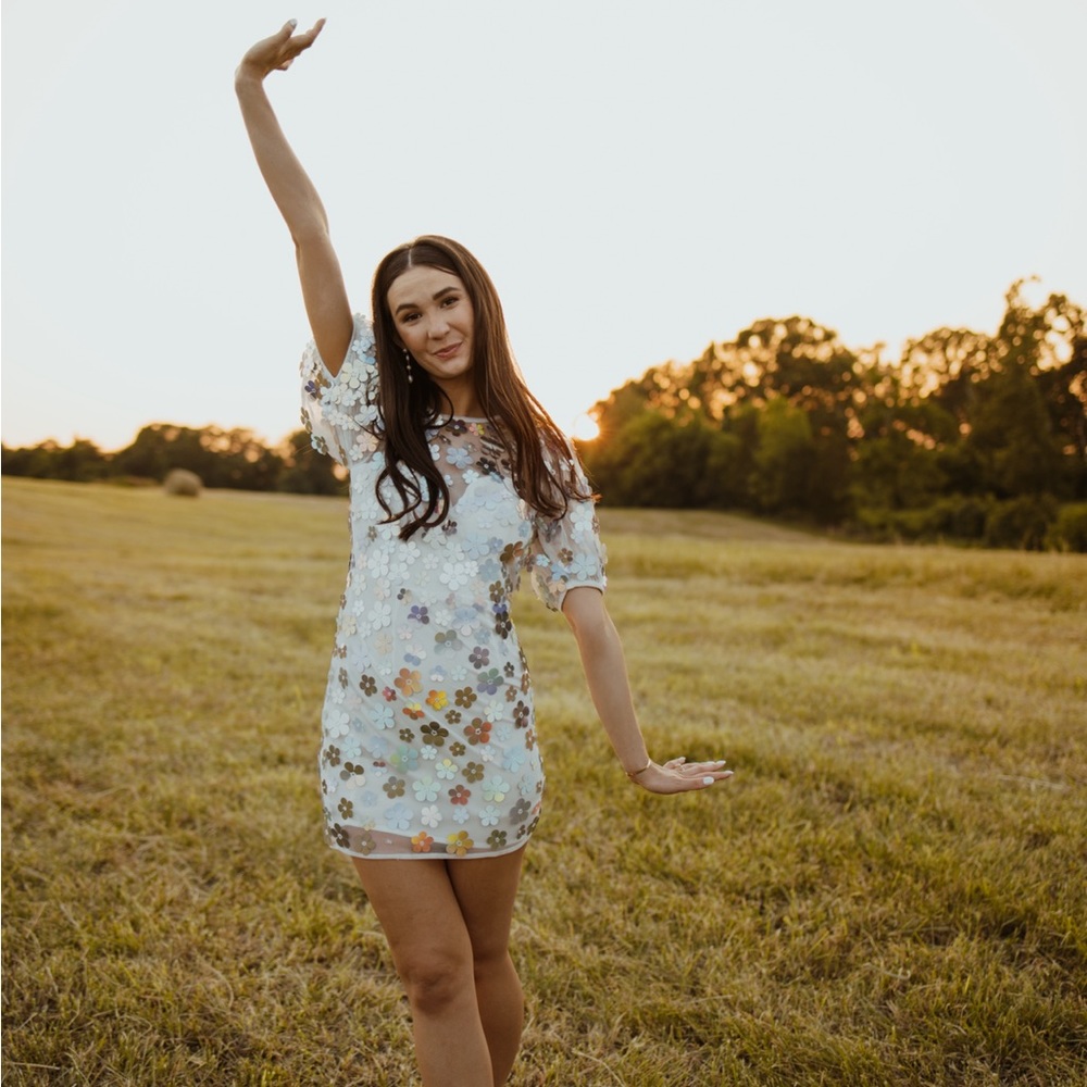 White Floral Sequin Dress.